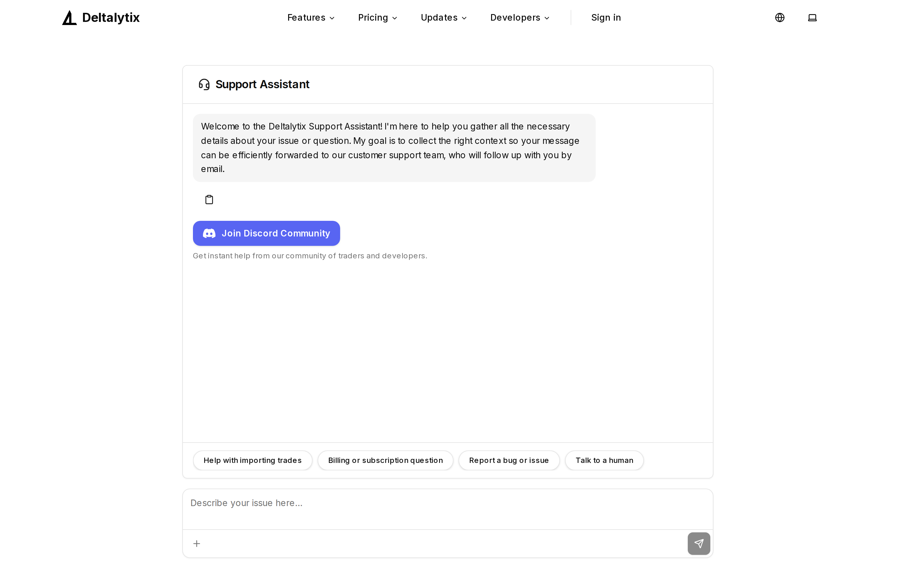 Support assistant chat on the help page