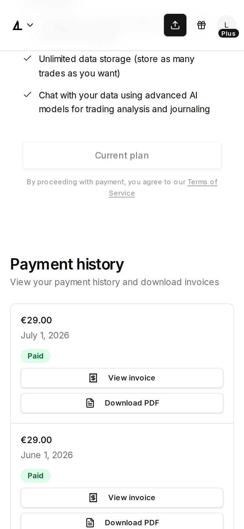 Payment history section on the billing page at mobile width
