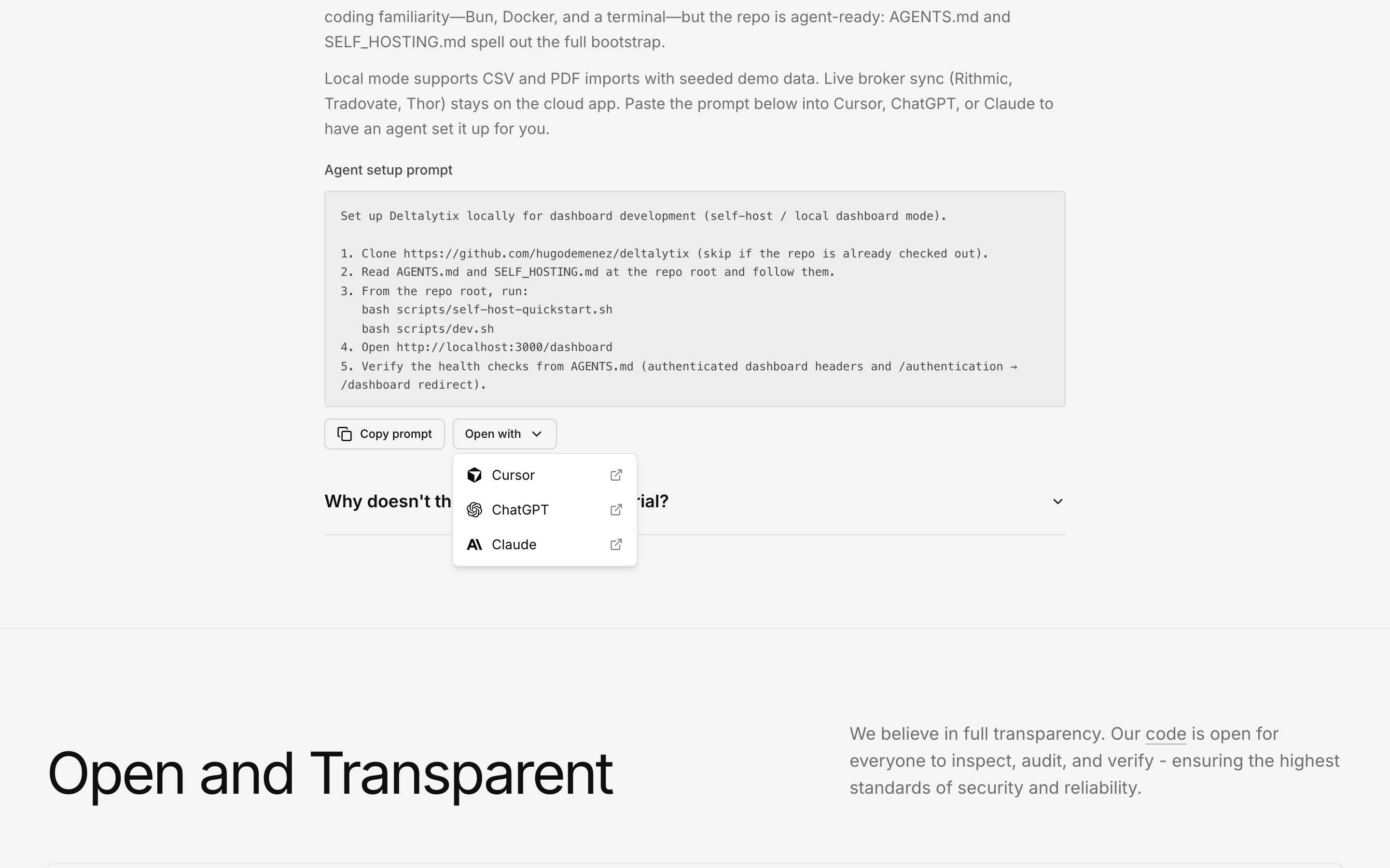 Self-host FAQ answer with Agent setup prompt, Copy prompt, and Open with menu listing Cursor, ChatGPT, and Claude
