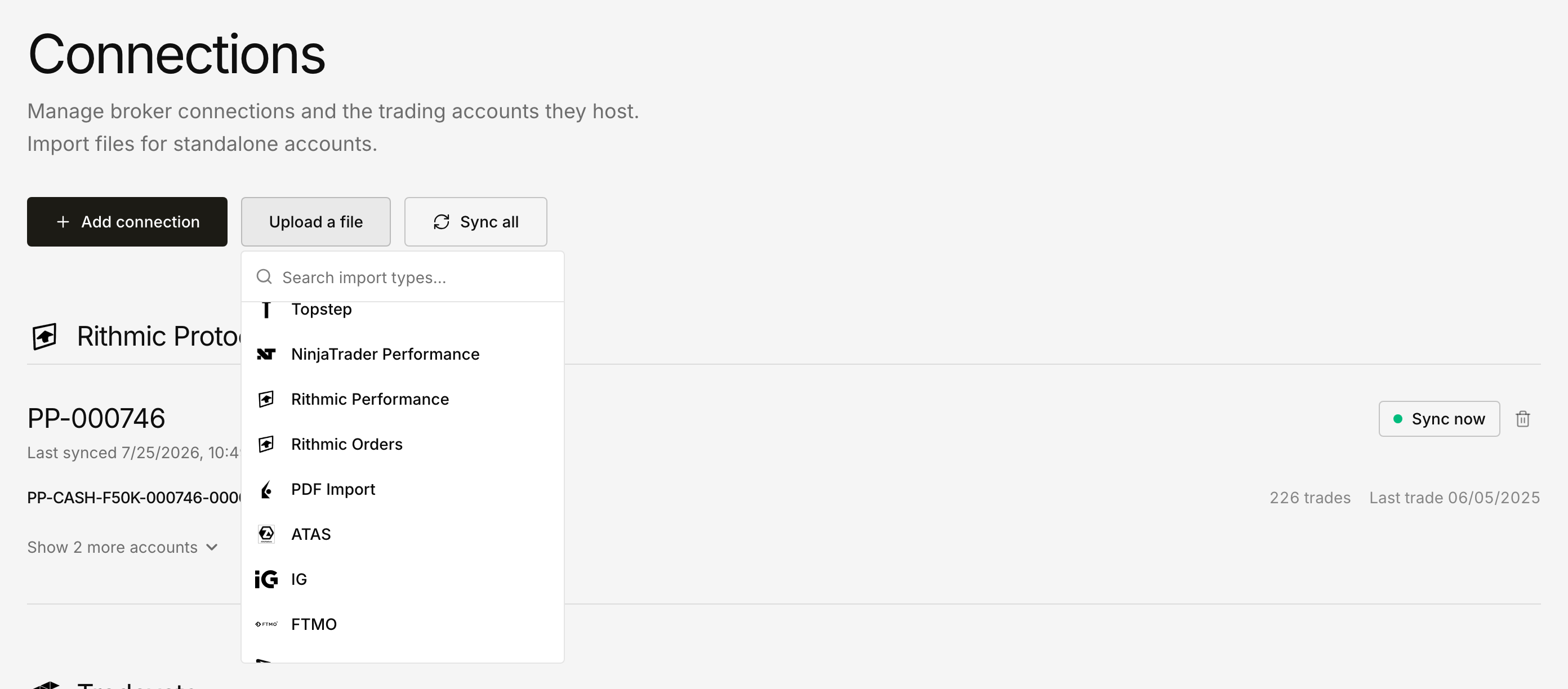 The Upload a file picker on the Connections page, open and scrolled to IG